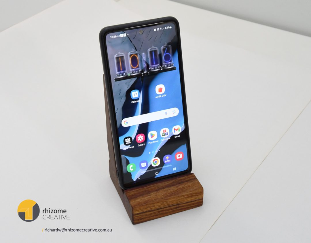 Solid Timber Phone Stand pictured with Samsung A72 Phone | Q4 2023